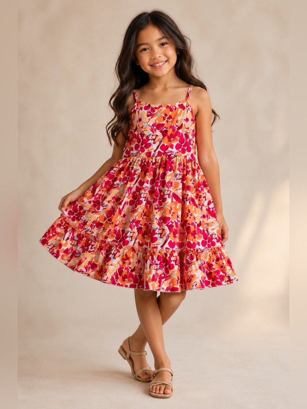 Girls Floral Ruffle Hem Sundress Size 11Y Pink Orange Summer Dress